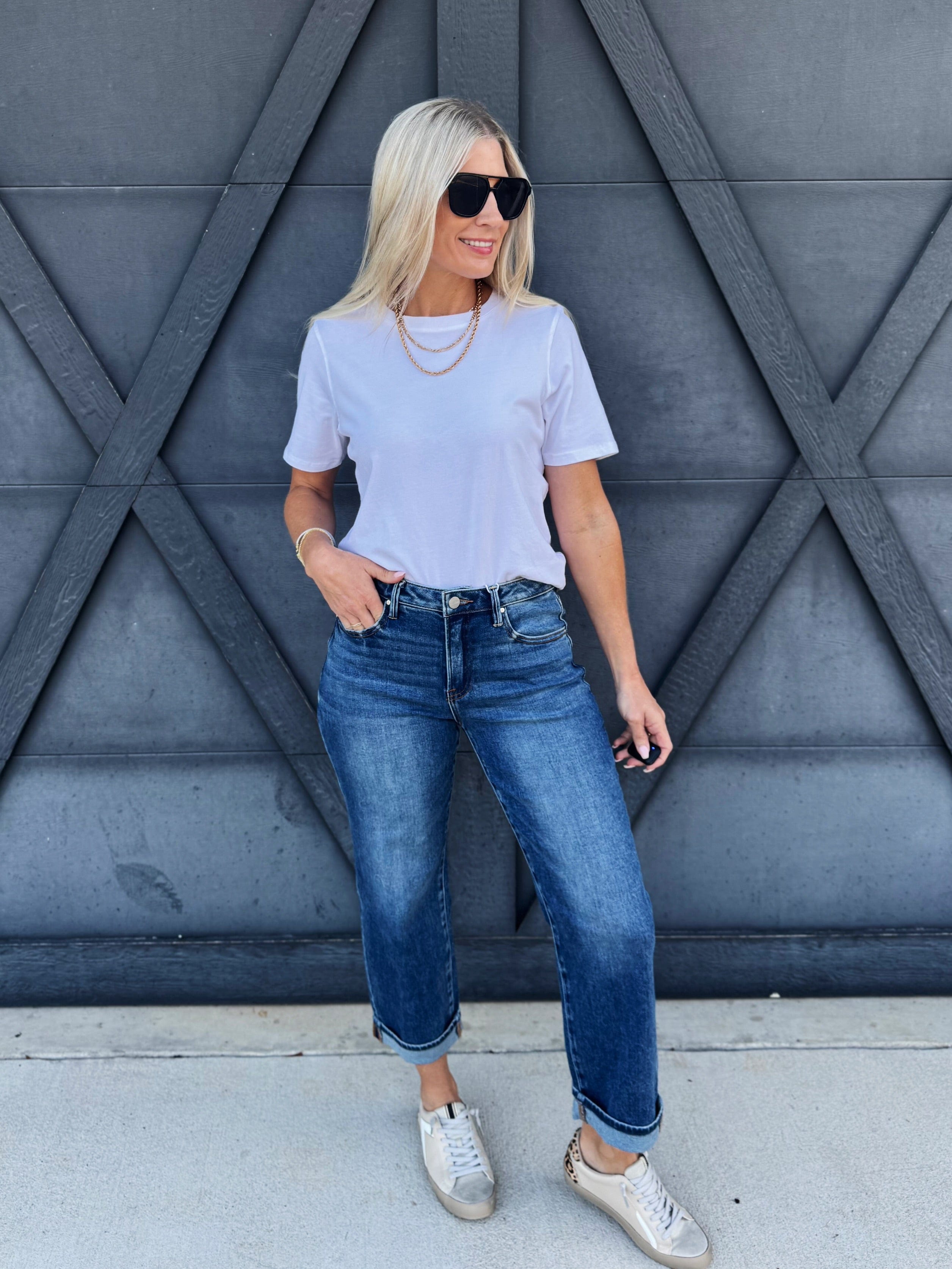 Risen Boyfriend Clean Cuff Jeans In Dark - Infinity Raine
