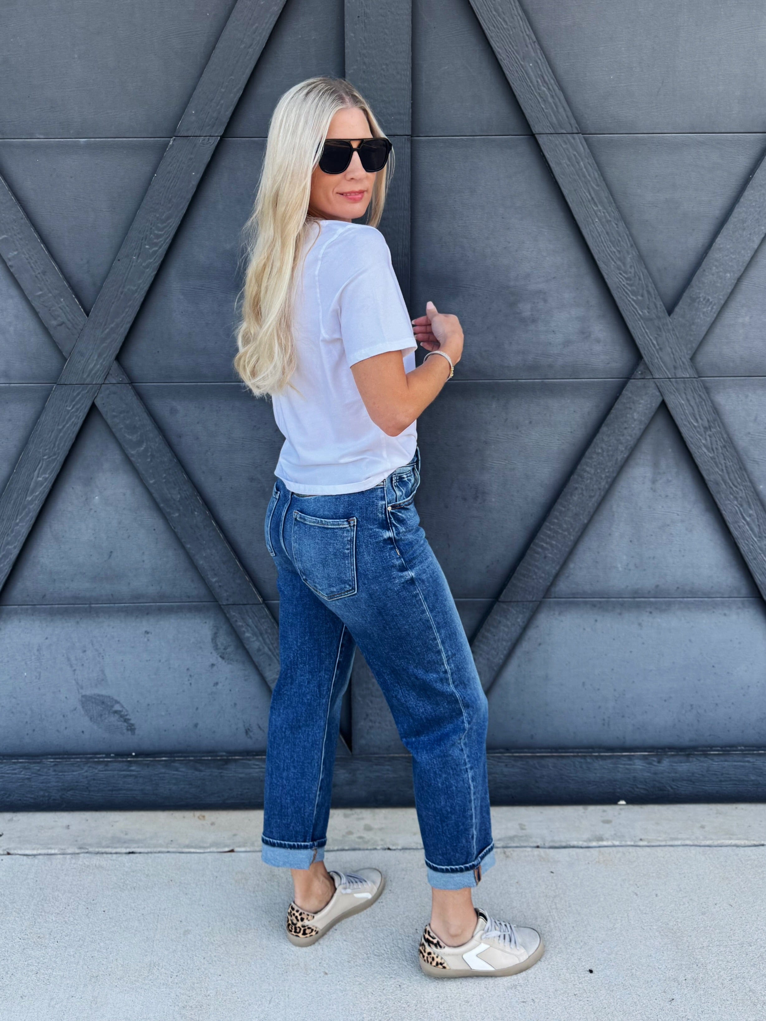 Risen Boyfriend Clean Cuff Jeans In Dark - Infinity Raine