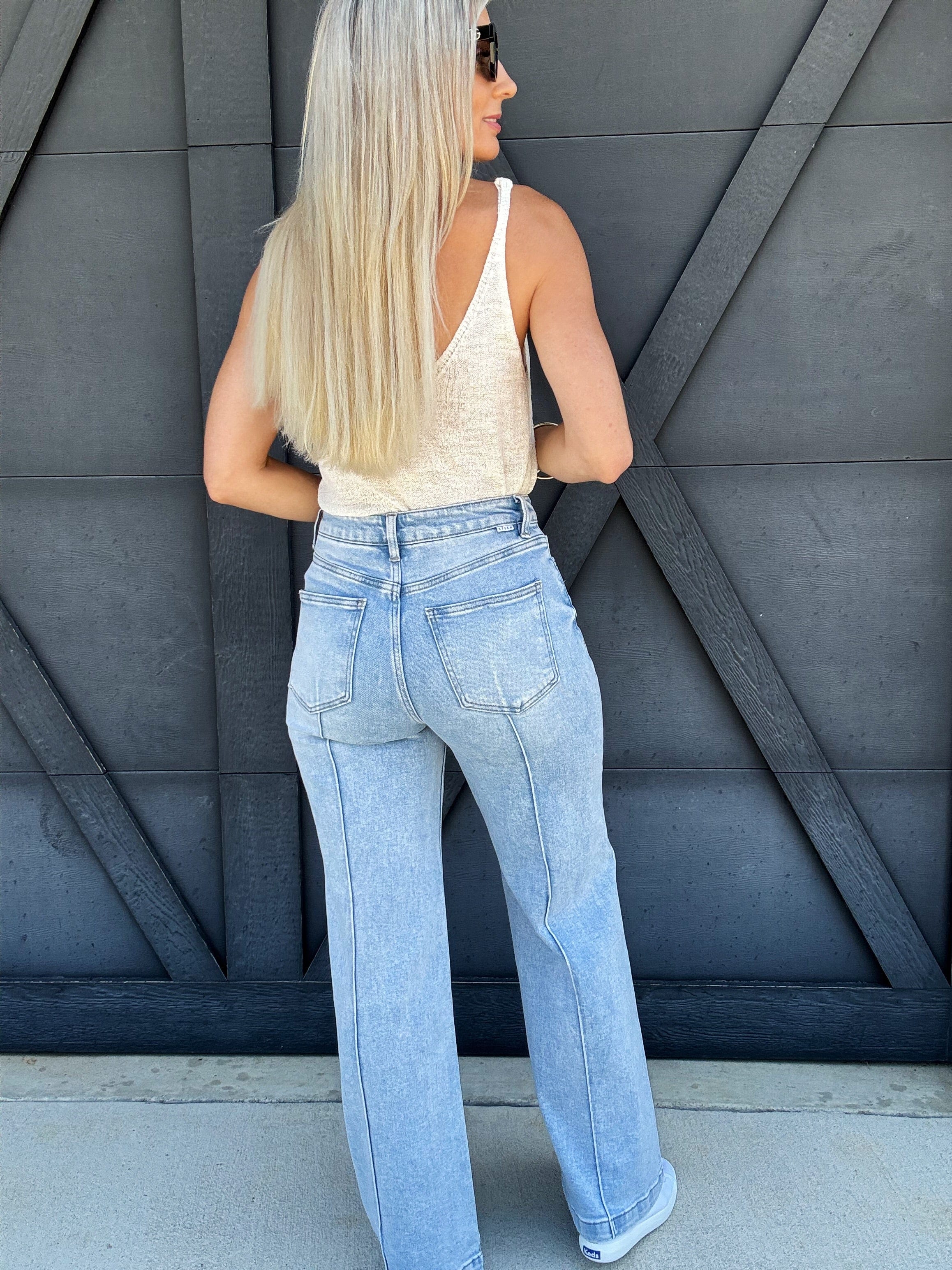Risen High Waist Wide Leg Pintuck Jeans In Light Denim - Infinity Raine