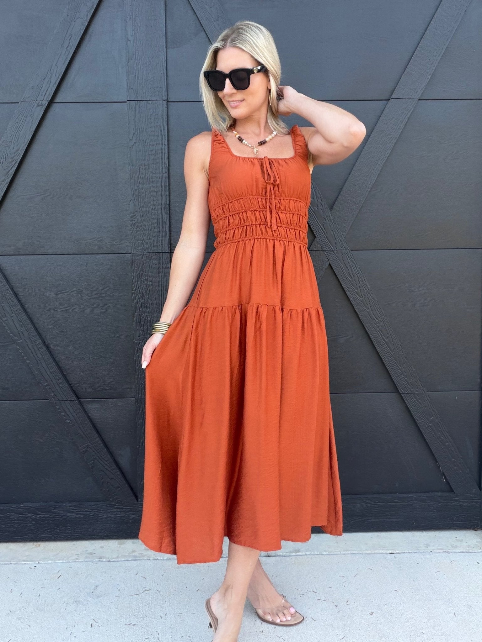 a line midi dress Satin %0D%0A*%20Pay%20special%20attention%20on%20measurements%20to%20ensure%20proper%20fit Scoop Neckline Front Tie Shirred