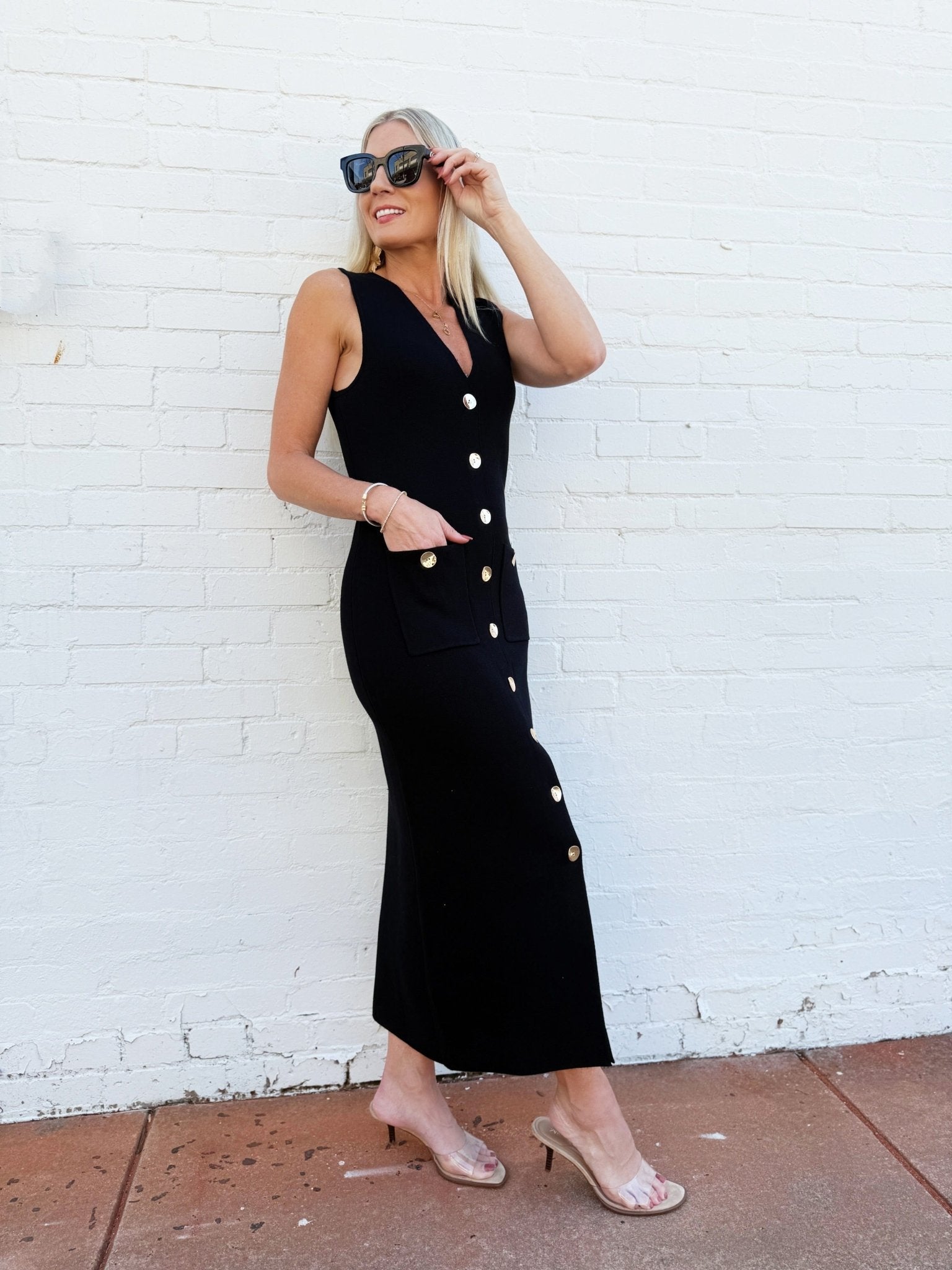 Sleeveless Sweater Button Down Maxi Dress In Black Sleeveless Sweater Button Down Maxi Dress In Black