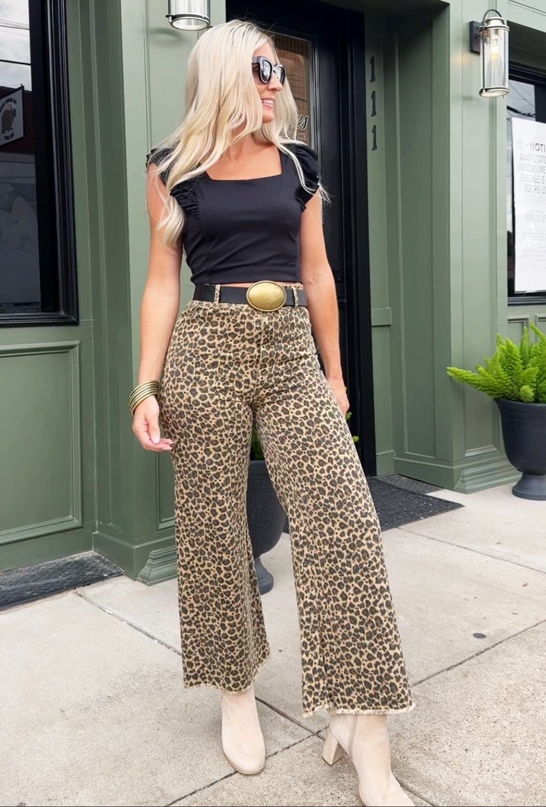 Leopard Twill Denim Frayed Hem Pants - Infinity Raine