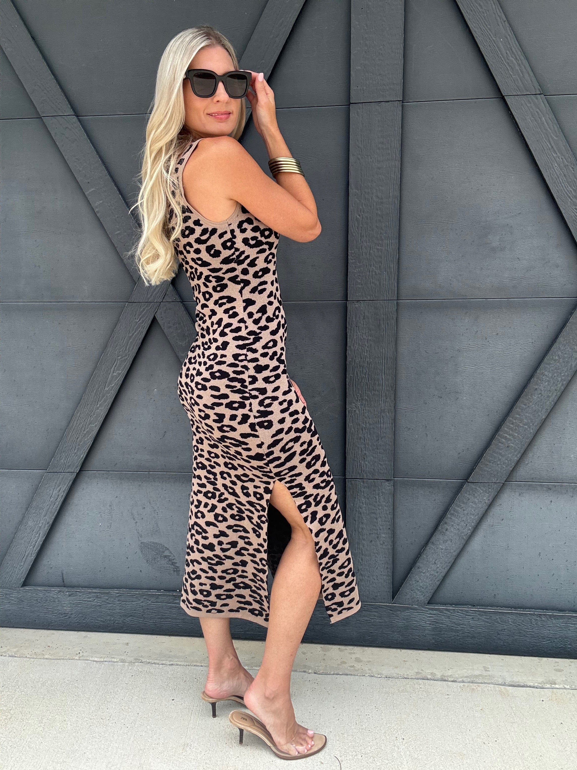 Fitted Sweater Dress In Taupe Leopard - Infinity Raine