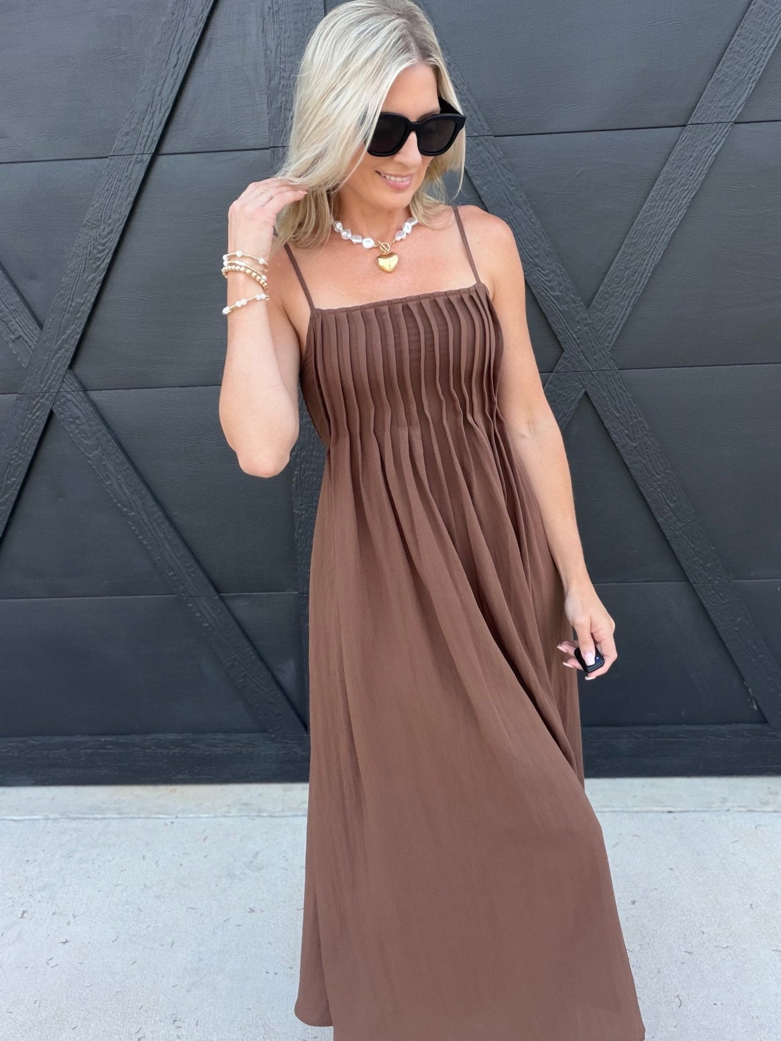 Square Neck Pintuck Midi Sundress in Brown
