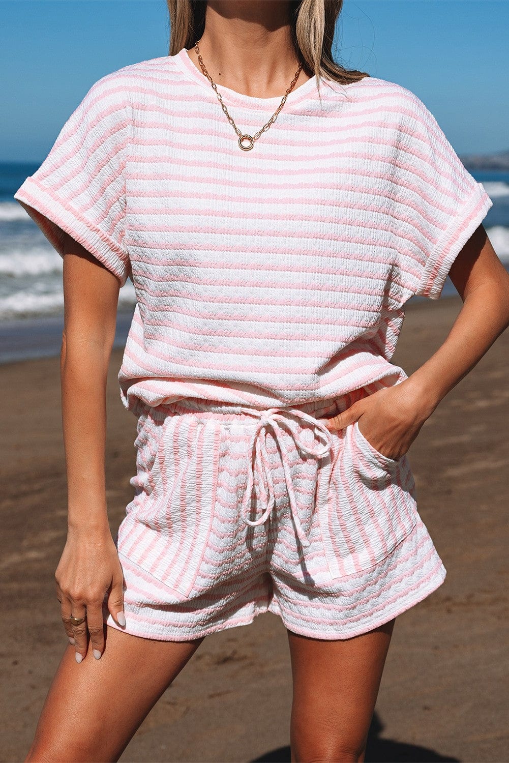 Knitted Stripe Short Set In Pink - Infinity Raine