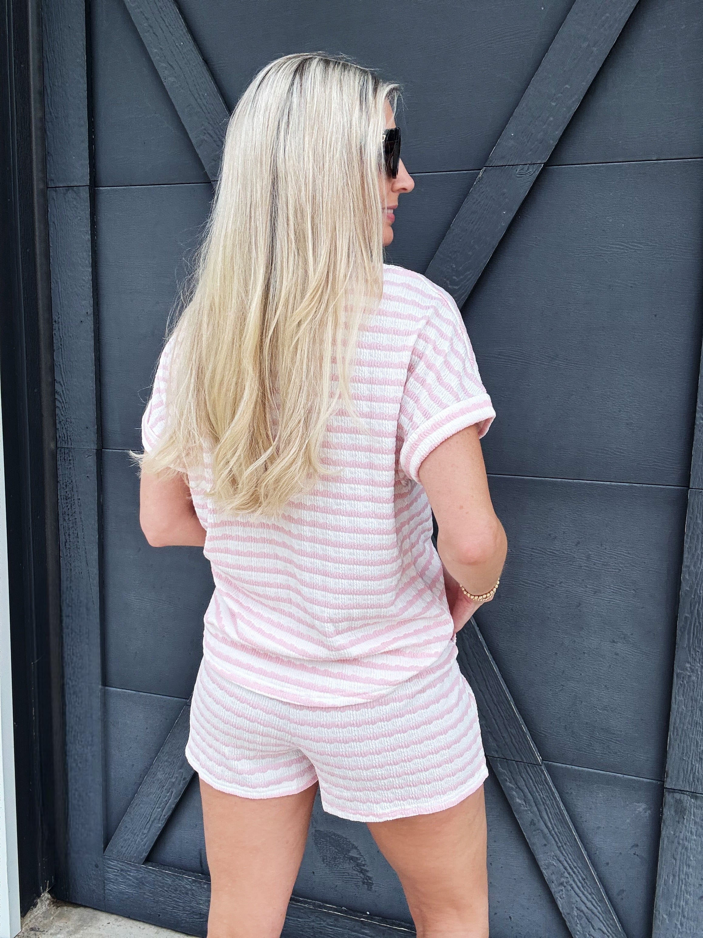 Sweet Lover Fashion Sets Knitted Stripe Short Set In Pink