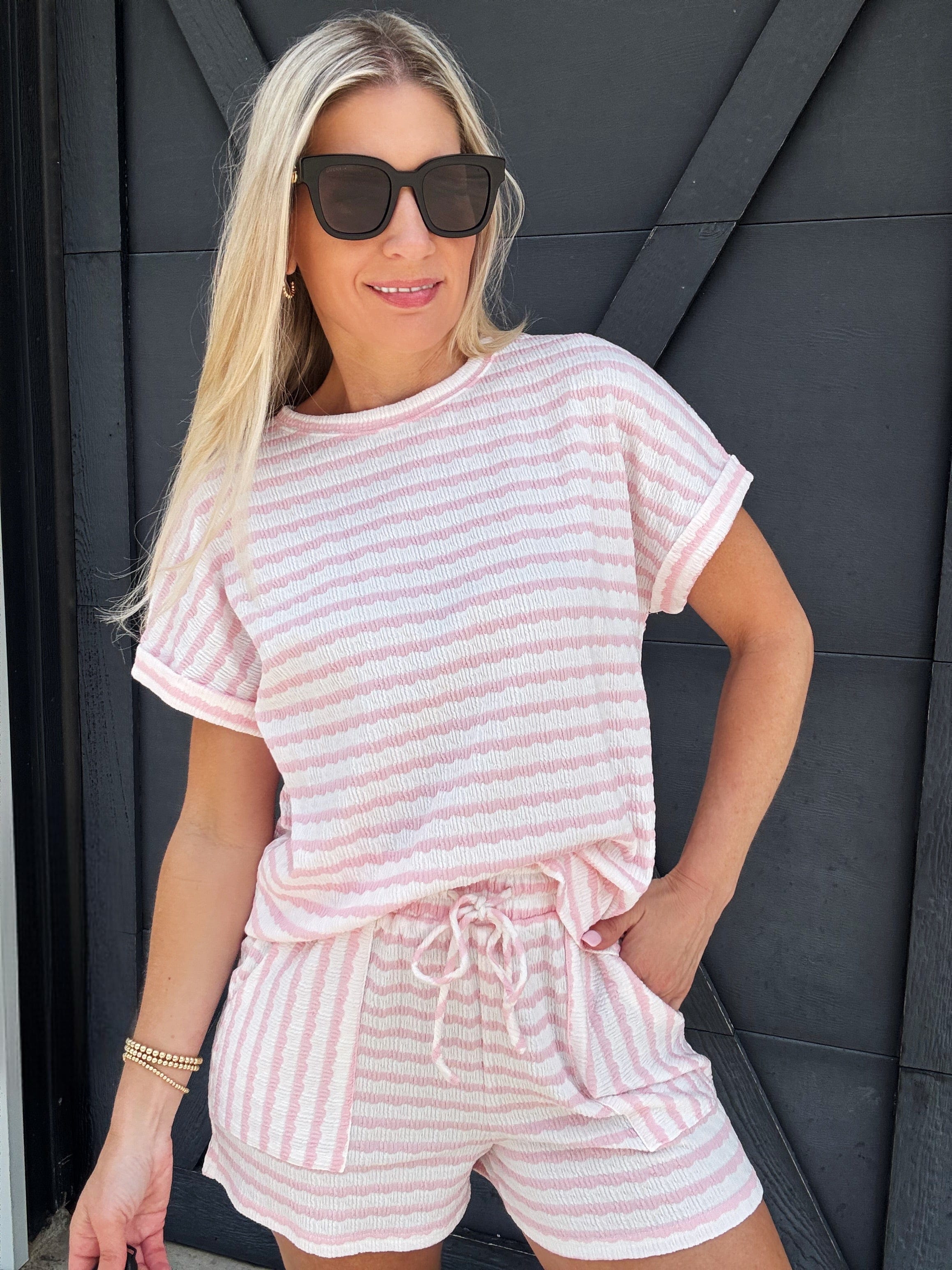 Sweet Lover Fashion Sets Knitted Stripe Short Set In Pink