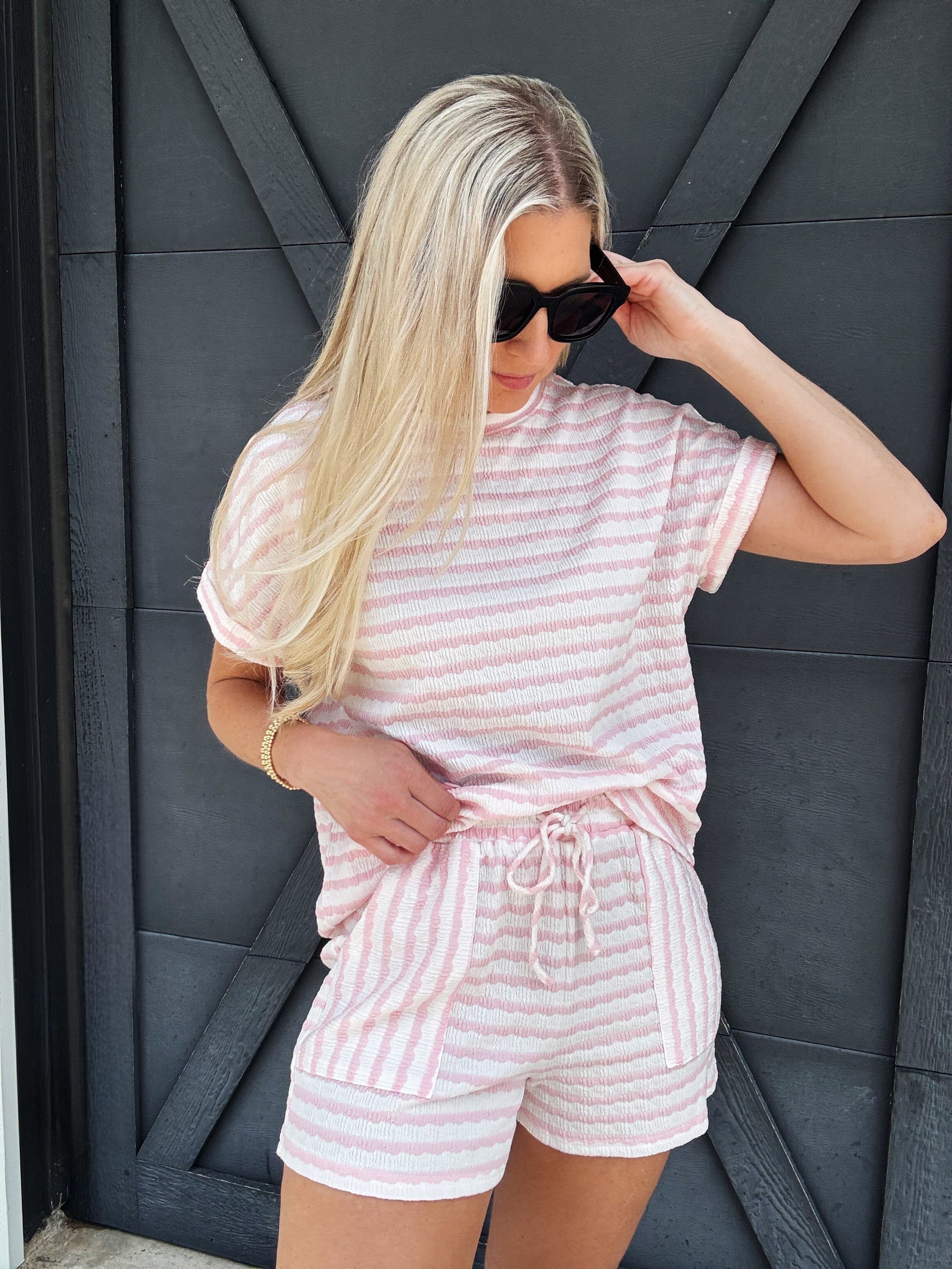 Sweet Lover Fashion Sets Knitted Stripe Short Set In Pink