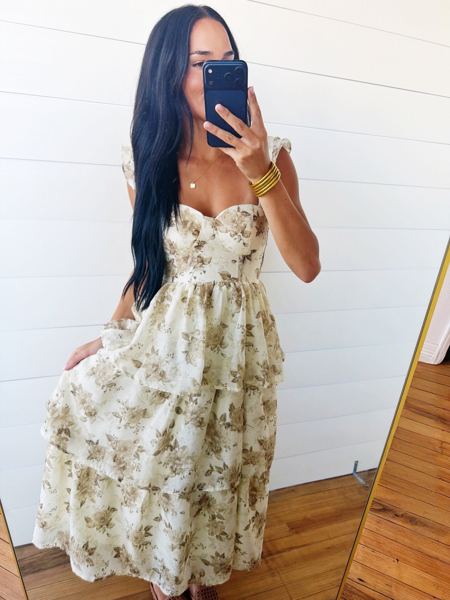 KHAKI FLORAL PRINT RUFFLE TIERED SPAGHETTI MIDI DRESS Large