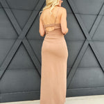 Back Cut-Out Side Slit Midi Dress In Almond - Infinity Raine