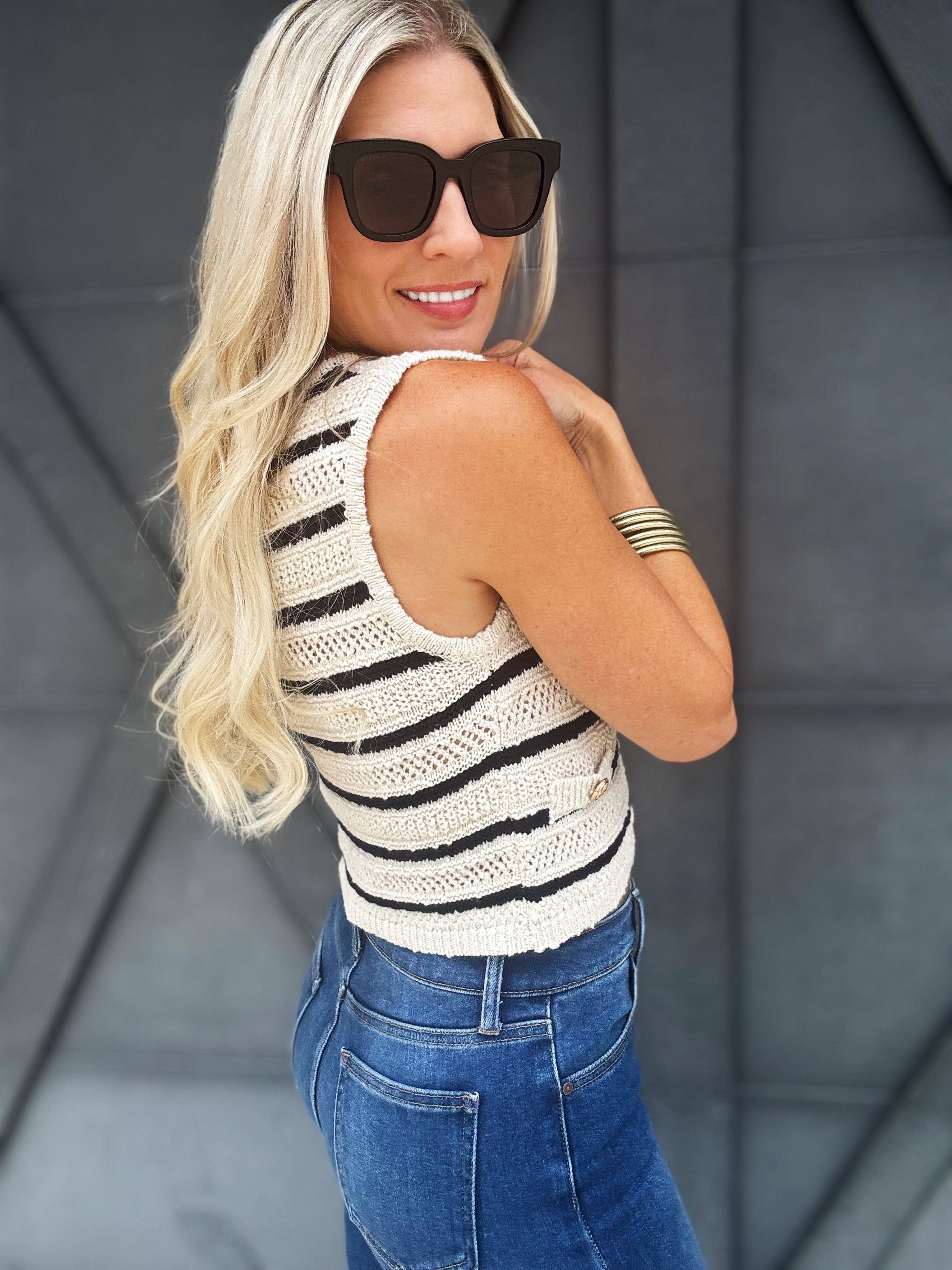 Cropped Crochet Button Vest In Light Khaki - Infinity Raine