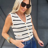 Cropped Crochet Button Vest In Light Khaki - Infinity Raine