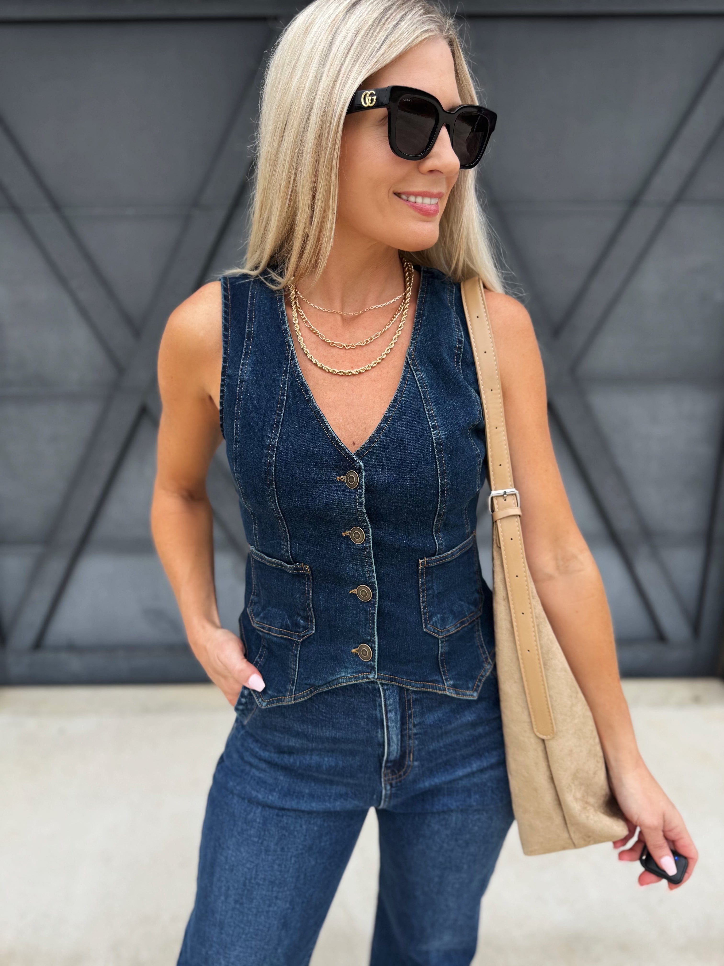 V-Neck Button Front Denim Vest (Dark Denim) Medium V-Neck Button Front Denim Vest (Dark Denim) Medium