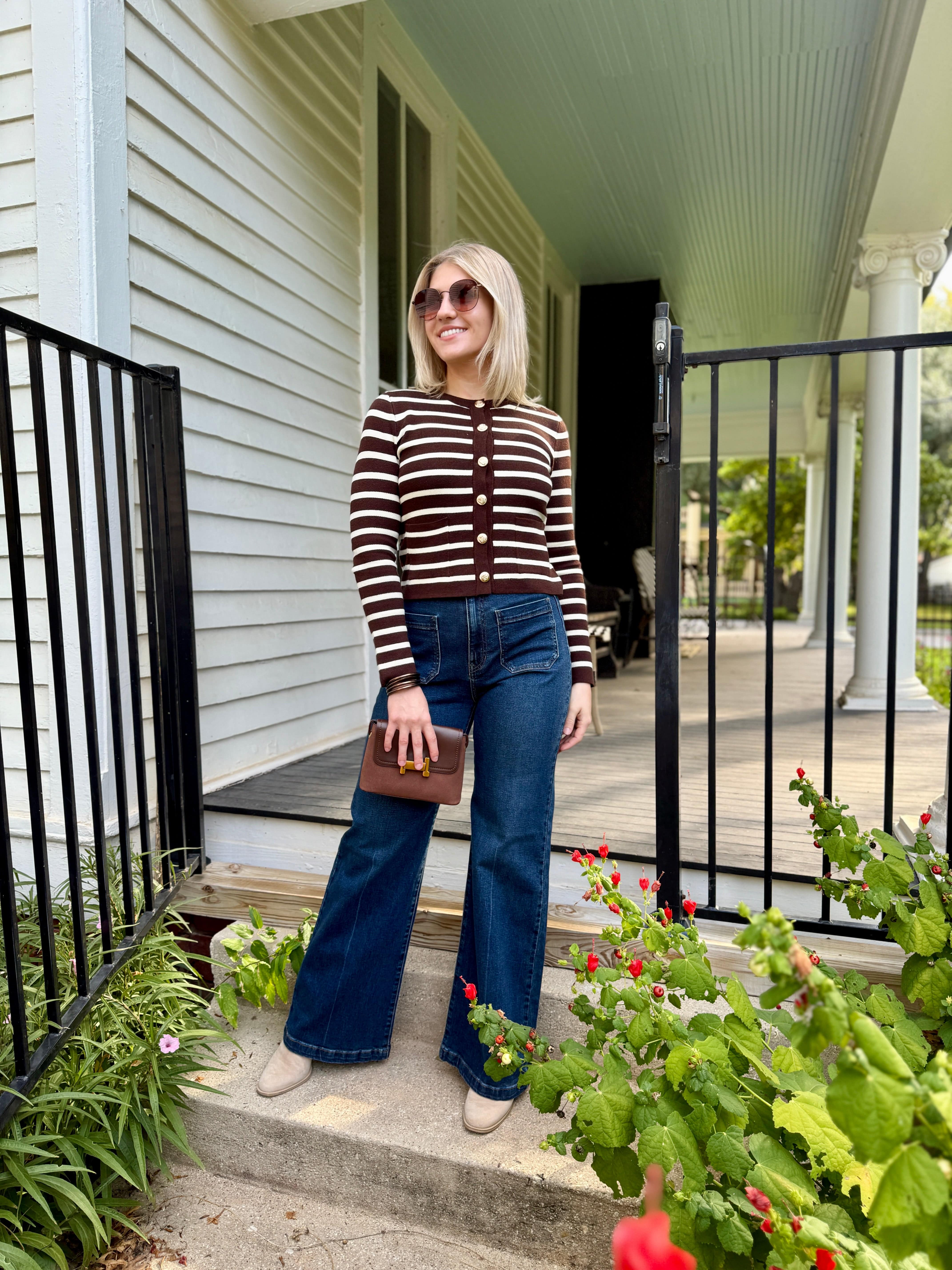The Workshop Studio Tops - Sweaters Stripe Gold Button Cardigan In Brown