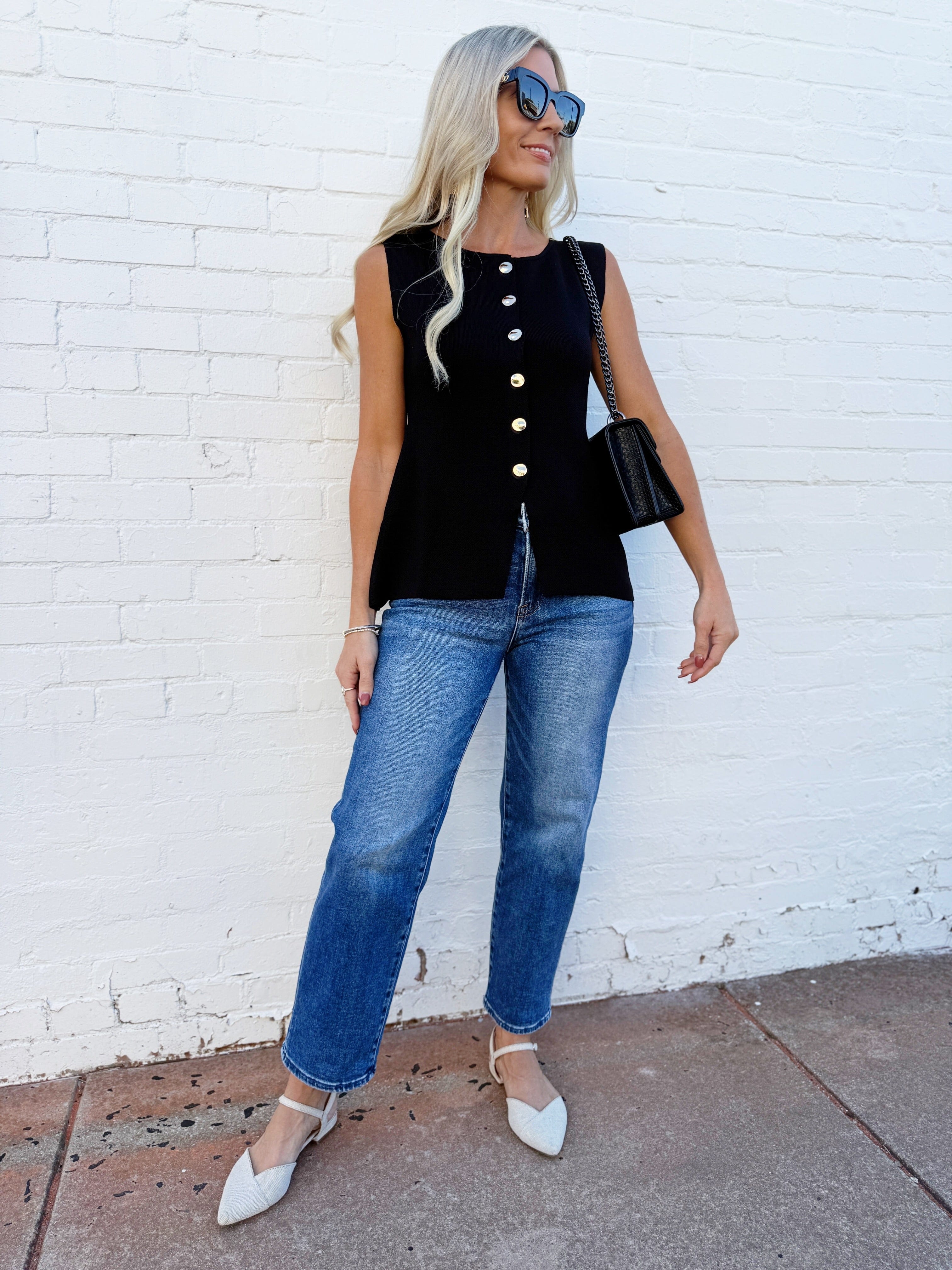 WISTERIA LANE Tops - Blouses Fine Knit Vest Top In Black