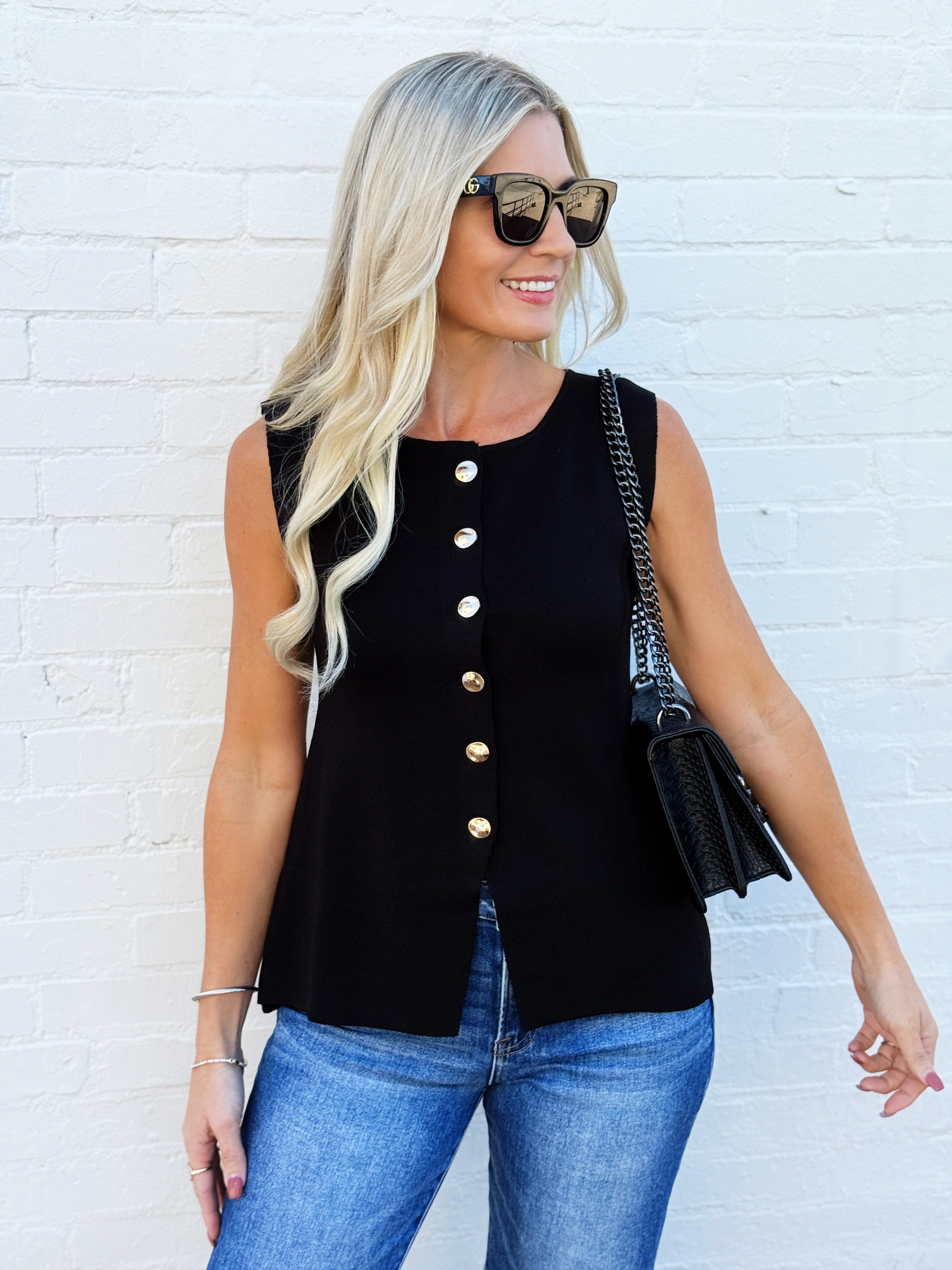 WISTERIA LANE Tops - Blouses Fine Knit Vest Top In Black