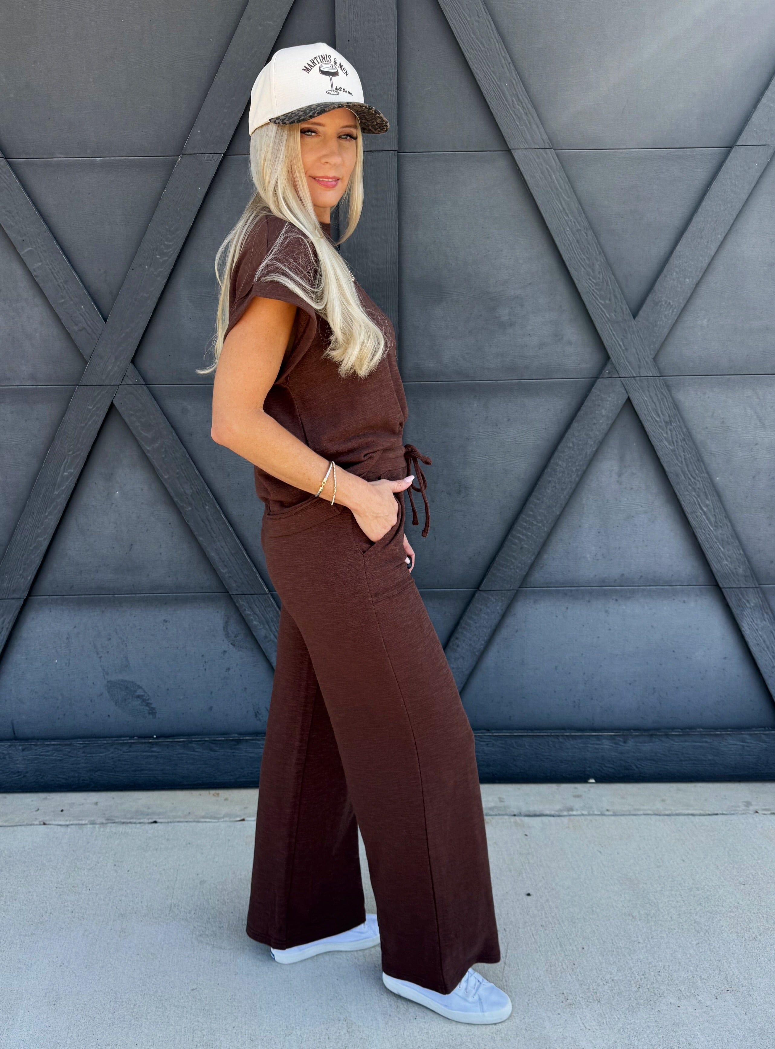 Slub Short Sleeve Pant Set In Brown - Infinity Raine