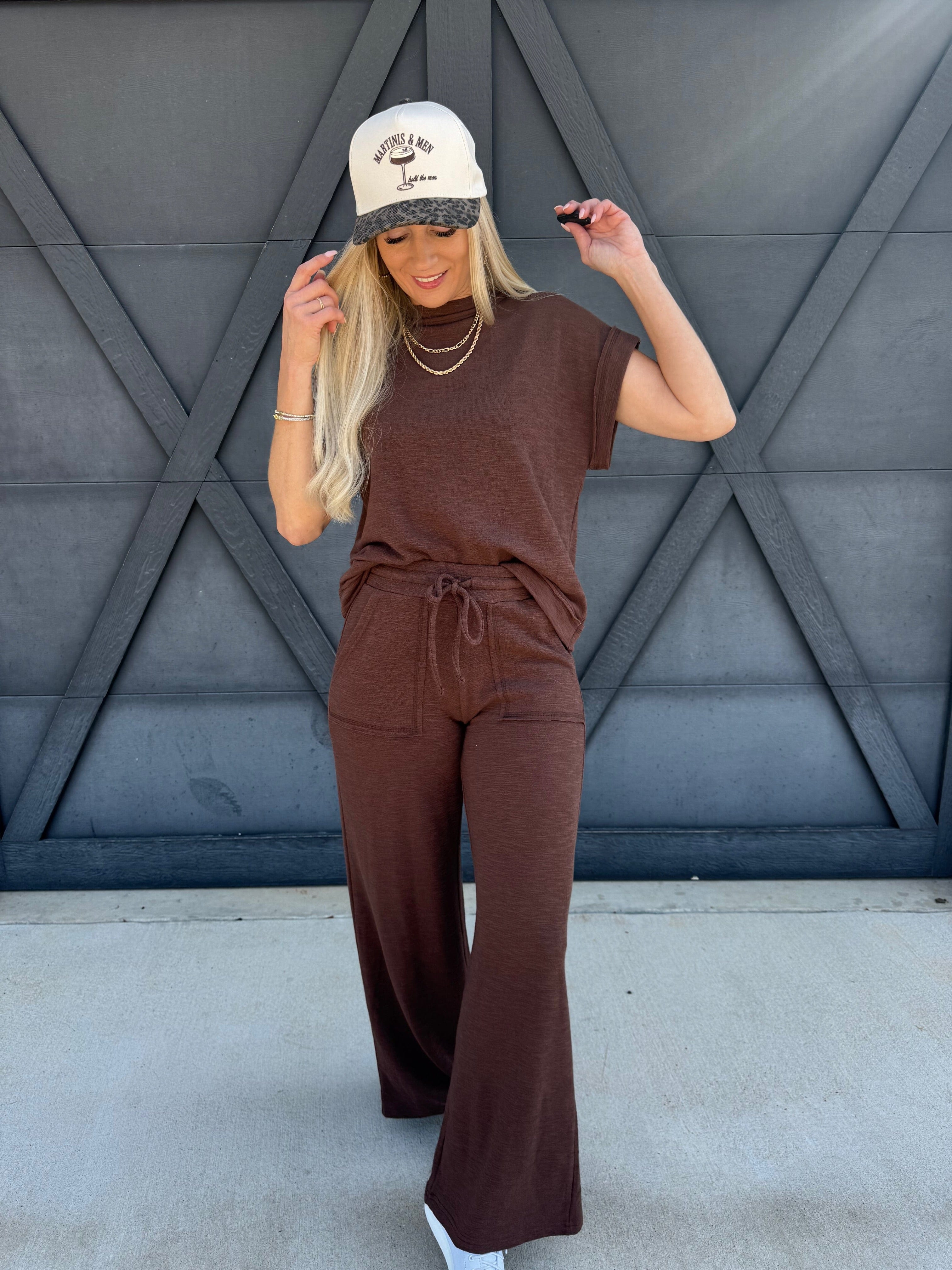 Slub Short Sleeve Pant Set In Brown - Infinity Raine