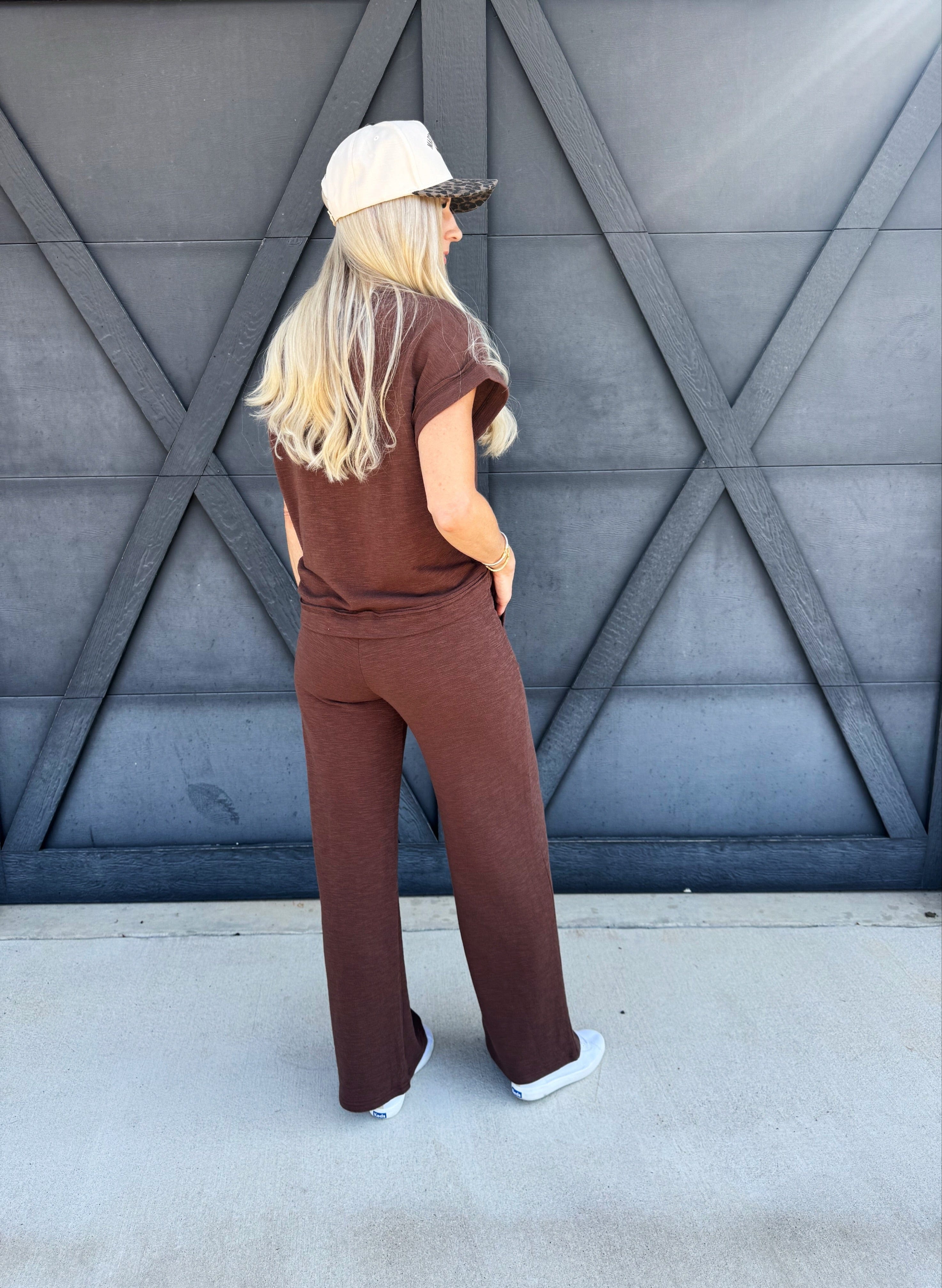 Slub Short Sleeve Pant Set In Brown - Infinity Raine