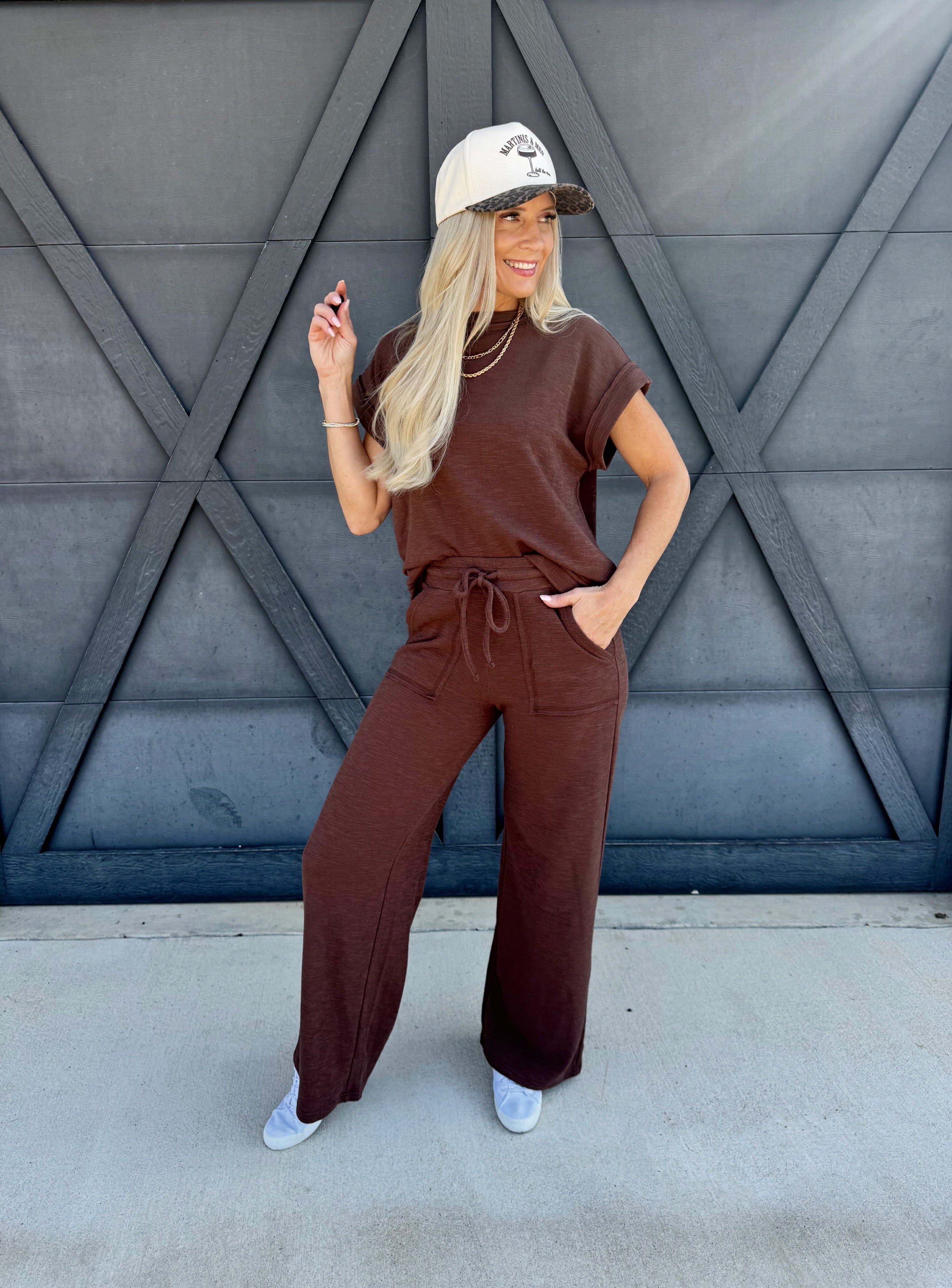 Slub Short Sleeve Pant Set In Brown - Infinity Raine