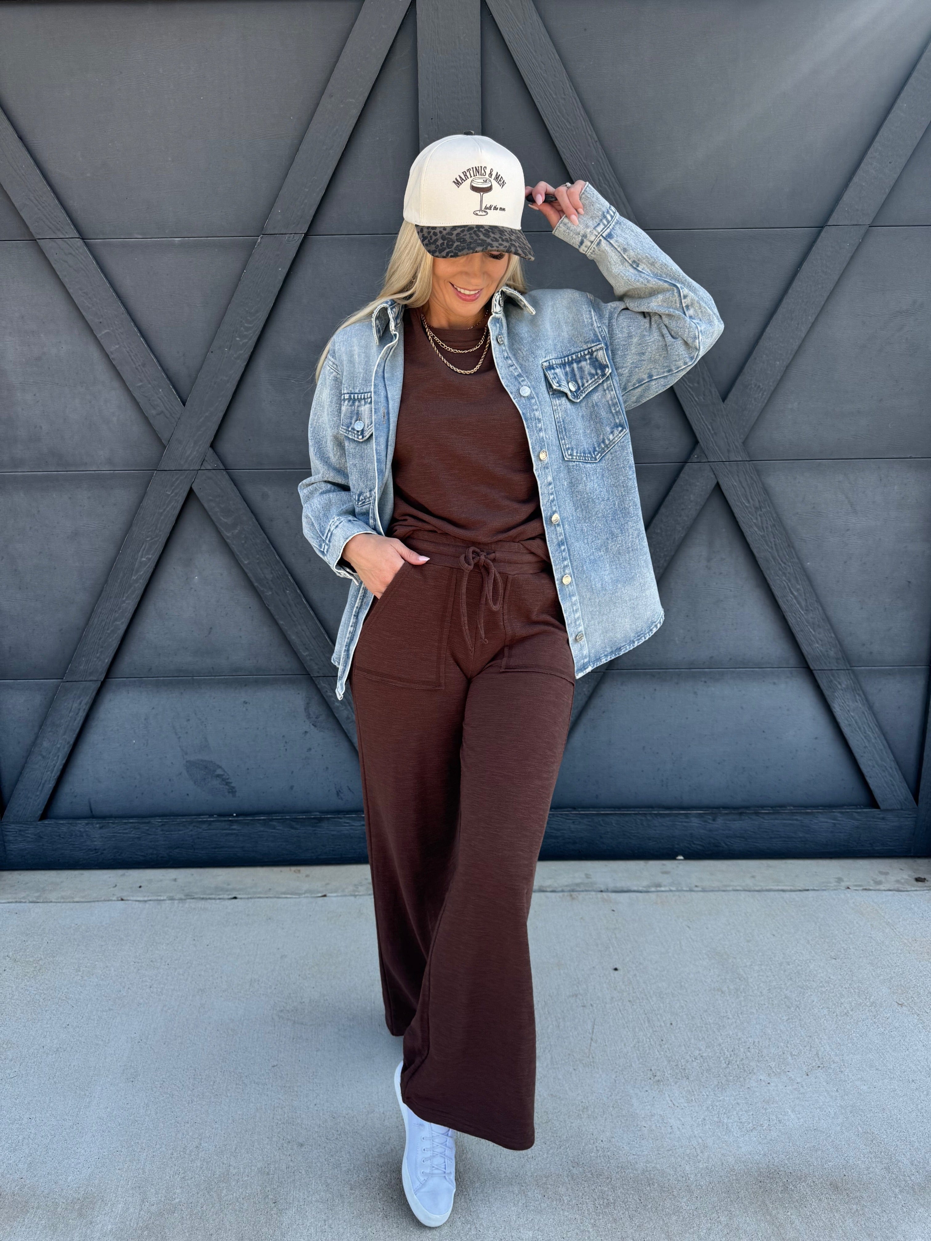 Slub Short Sleeve Pant Set In Brown - Infinity Raine