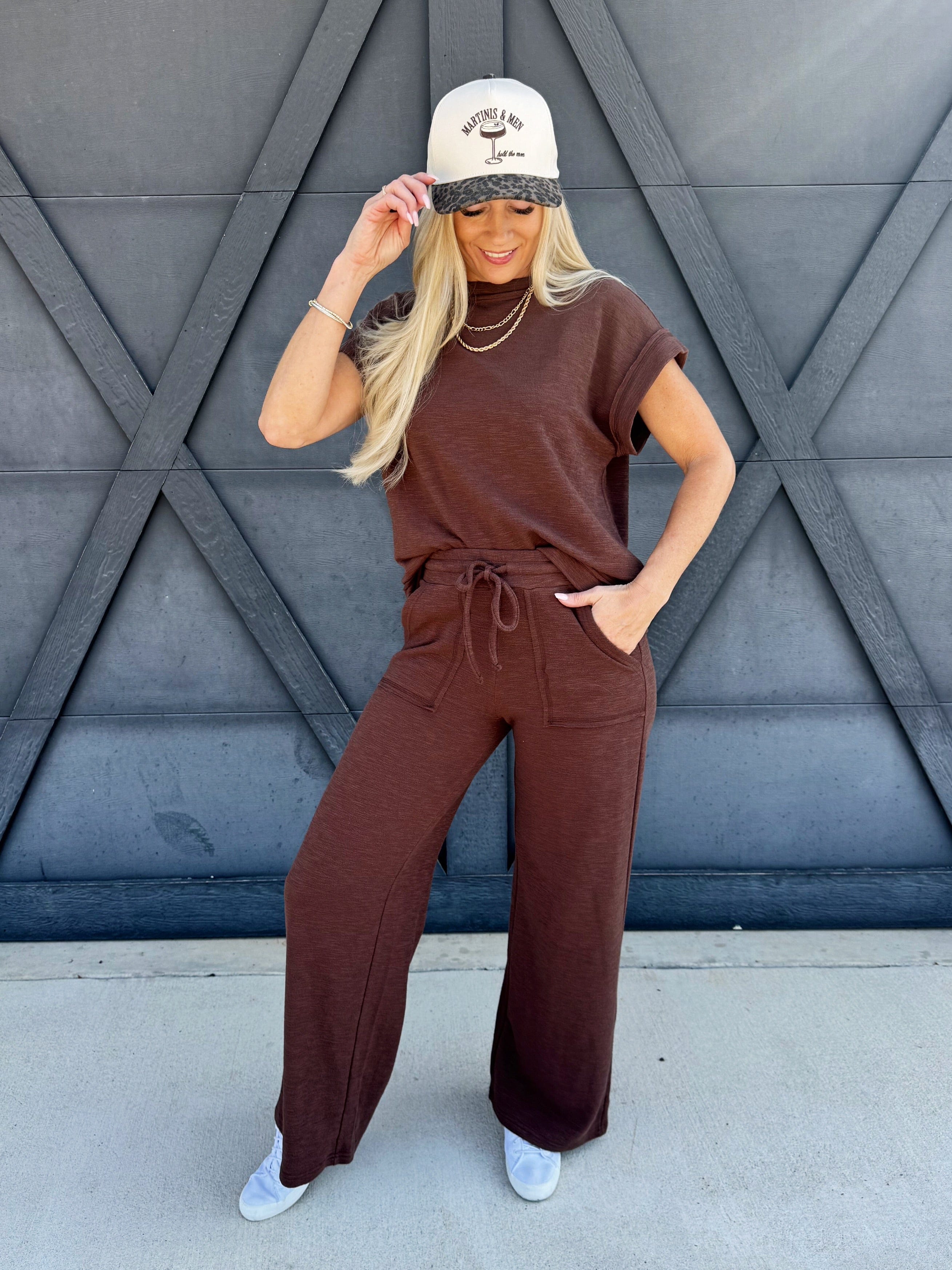 Slub Short Sleeve Pant Set In Brown - Infinity Raine