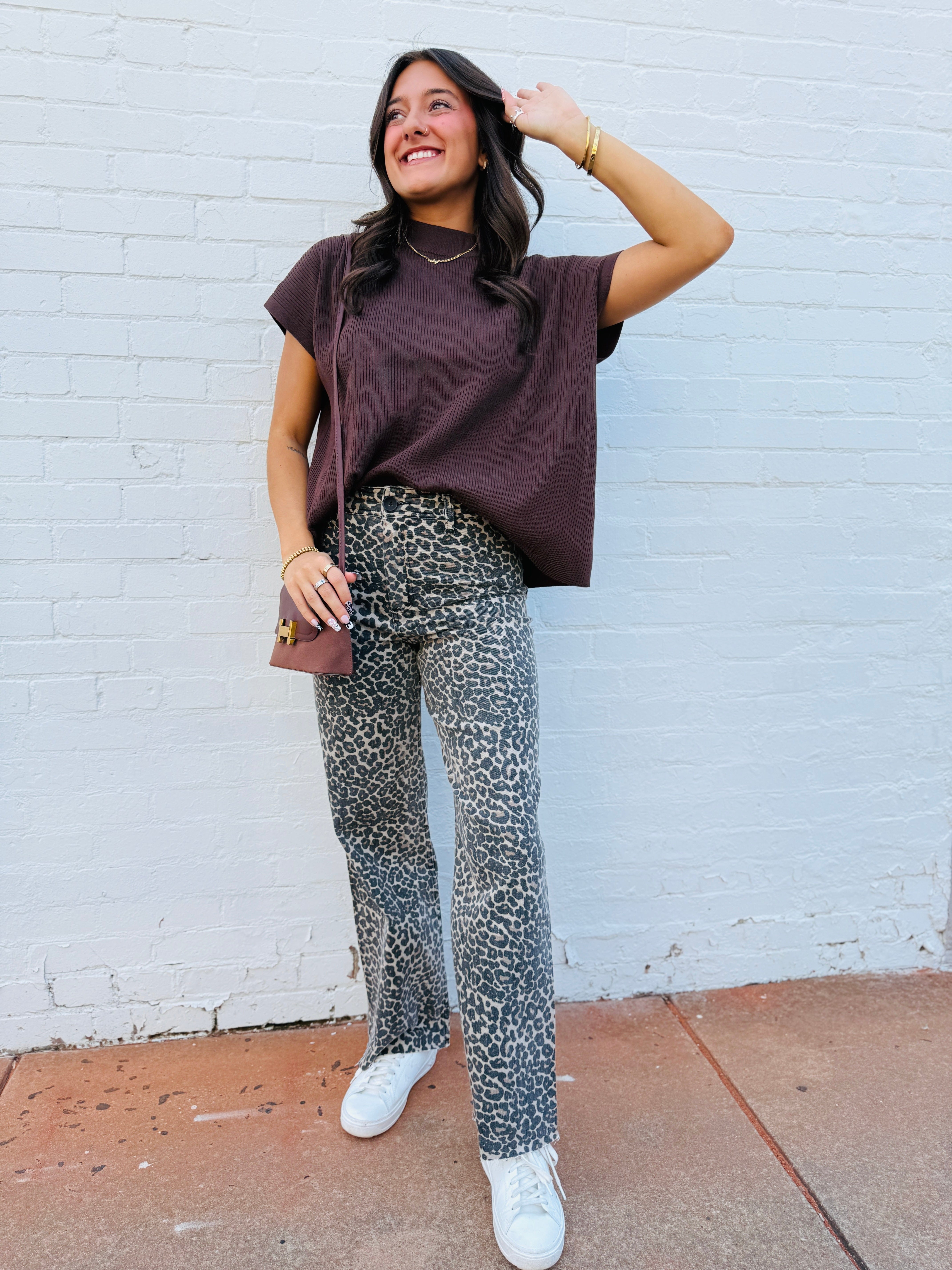 ZENANA Tops - Blouses Mock Neck Boxy Ribbed Top In Brown