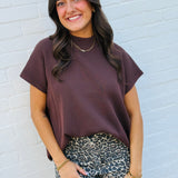 ZENANA Tops - Blouses Mock Neck Boxy Ribbed Top In Brown