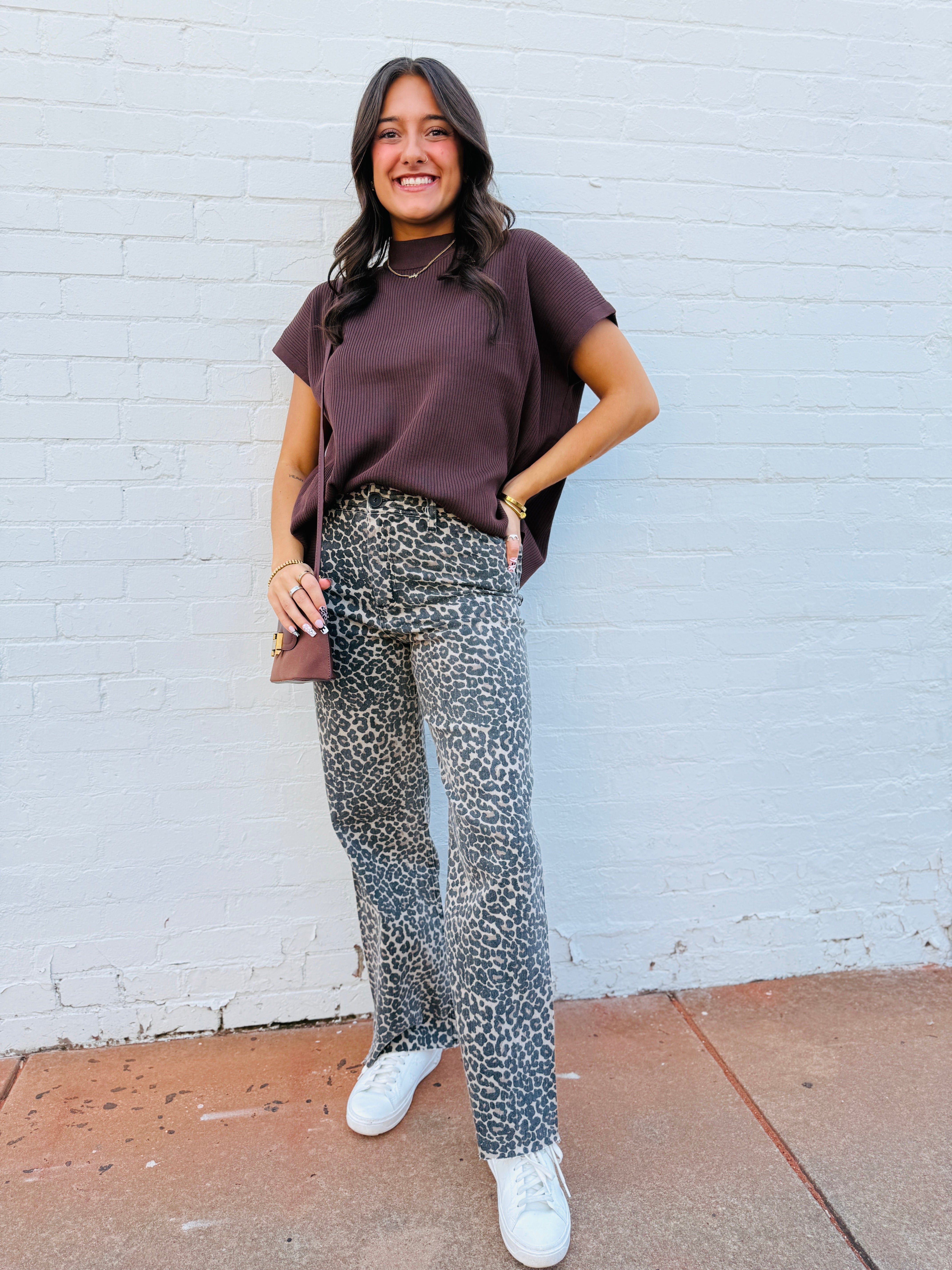 ZENANA Tops - Blouses Mock Neck Boxy Ribbed Top In Brown