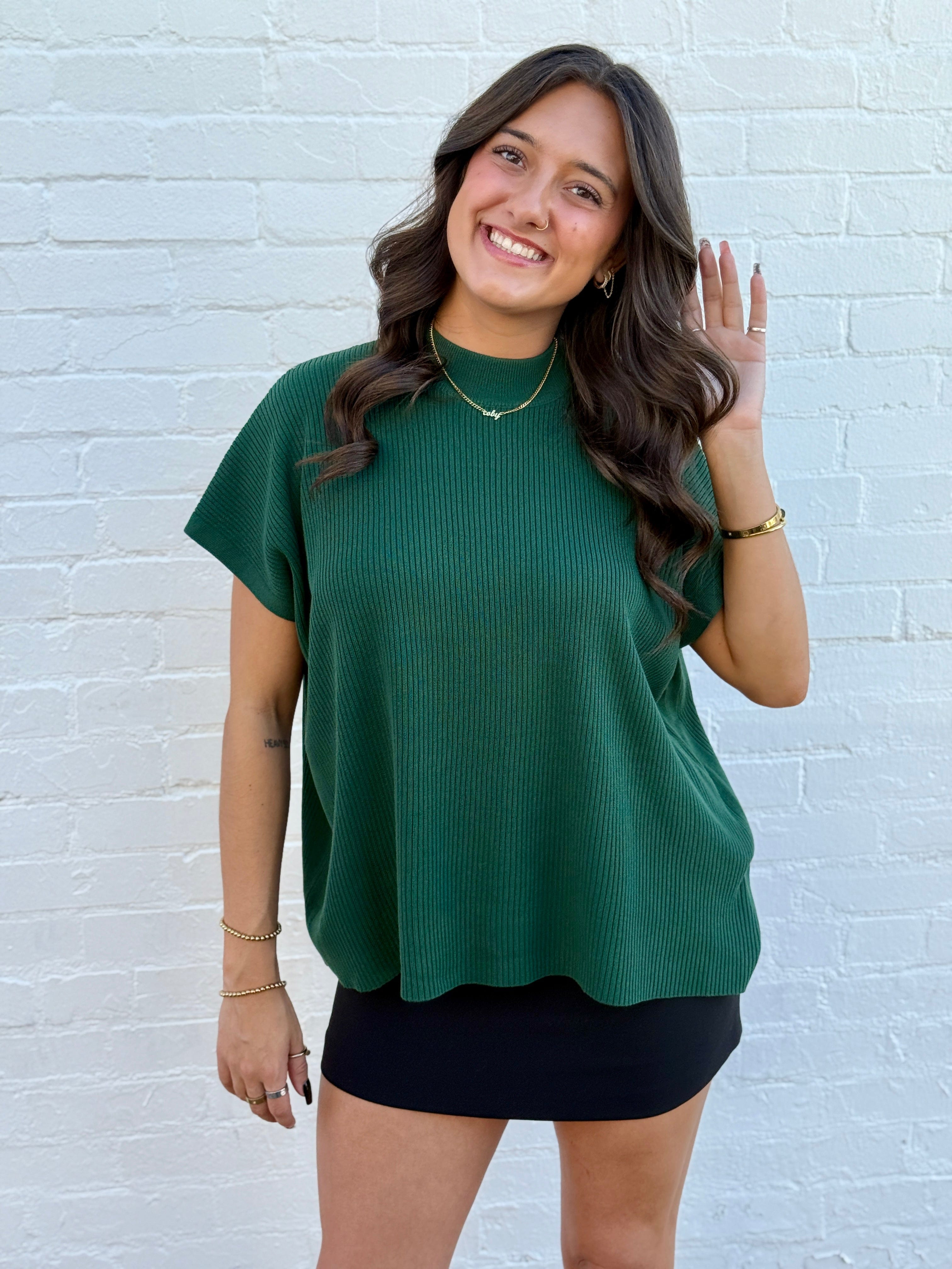 ZENANA Tops - Blouses Mock Neck Boxy Ribbed Top In Dark Green