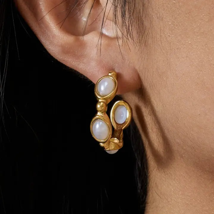 18K Stainless Steel Waterproof Tarnish Free Hoops In Pearl - Infinity Raine