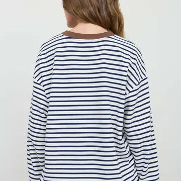 Stripe Crew Neck v Stitch Long Sleeve Knit Top In Navy - Infinity Raine
