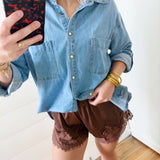 Crinckled Satin Lace Hem Shorts In Brown