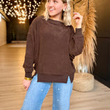 Tiered Sleeve Boat Neck Exposed Seam Knit Top  In Dark Brown