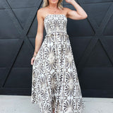 Strapless Ruffle Trim Smocked Bodice A-Line Midi Dress