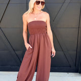 Yoru Chiffon Smocked Tube Balloon Jumpsuit In Brown