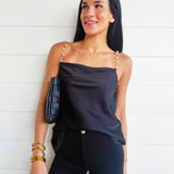 Pearl Chain Strap Satin Cowl Neck Cami Top In Black