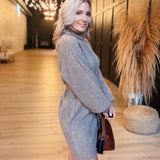 Audrina Turtleneck Sweater Dress with Tie Waist In Taupe