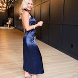 Knot Halter Neck Satin Midi Dress In Navy