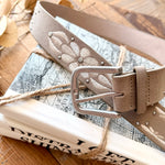 Embroidered Floral Print Vegan Leather Belt In Khaki - Infinity Raine