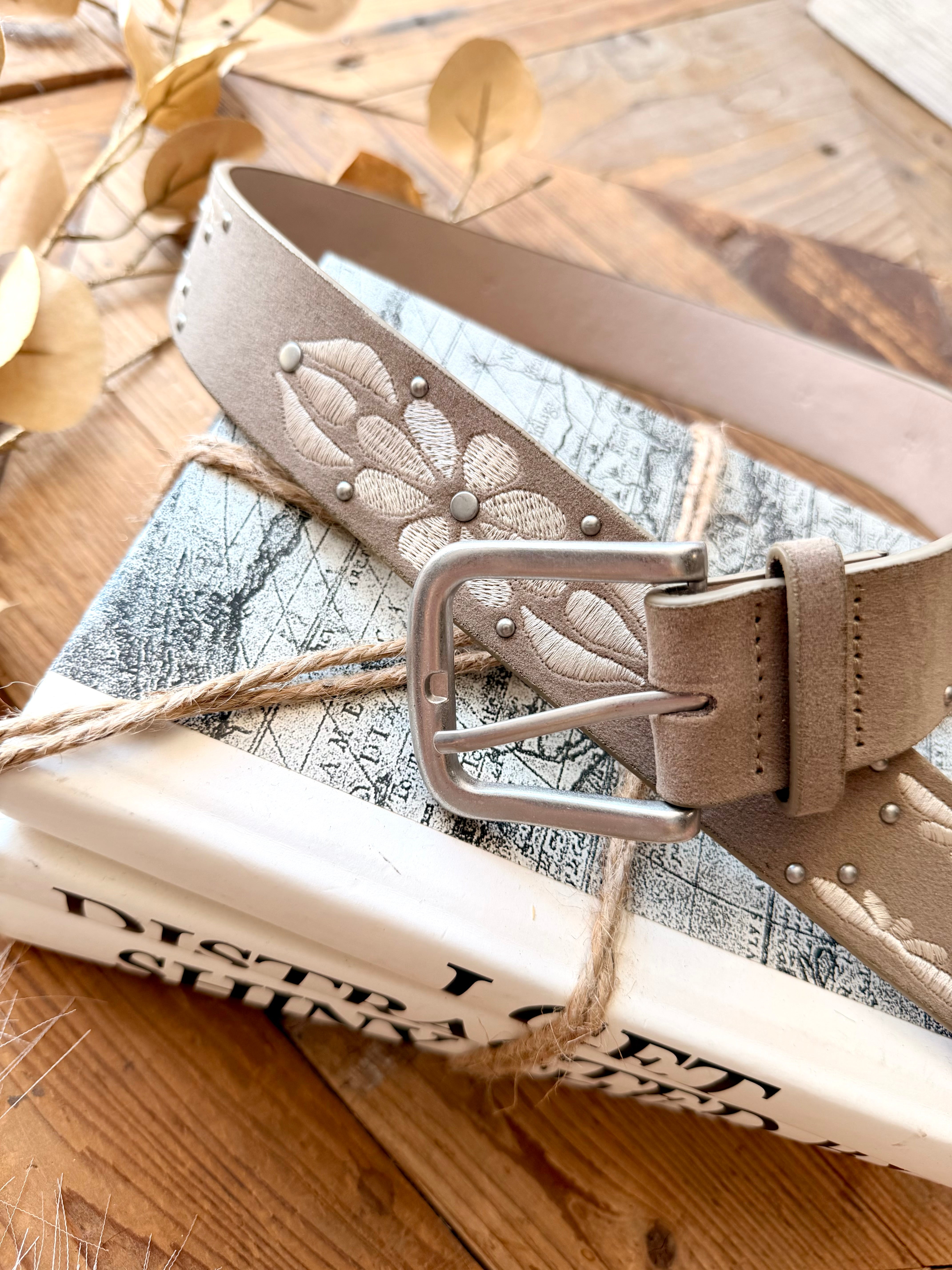 Embroidered Floral Print Vegan Leather Belt In Khaki - Infinity Raine
