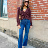 Lace Trim Sheer Chiffon Ruffle V-Neck Blouse In Brown