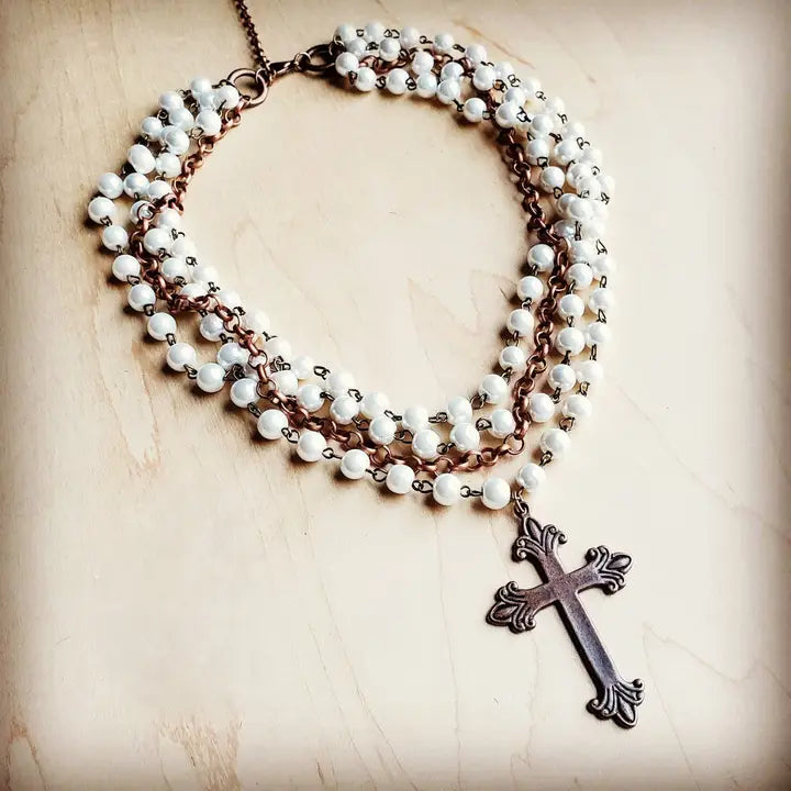 Pearl and Copper Beaded Collar Necklace with Copper Cross - Infinity Raine
