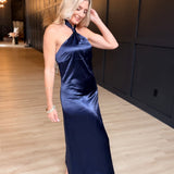 Knot Halter Neck Satin Midi Dress In Navy