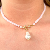 Pink Beaded Necklace With Pearl Pendant