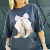 Washed Pink Bow Oversized Cotton Graphic Tee In Charcoal - Infinity Raine
