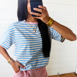Stripe Looks Contrast Drop Shoulder Loose Tee In Skye Blue