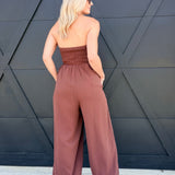 Yoru Chiffon Smocked Tube Balloon Jumpsuit In Brown