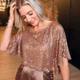 Sequin Draped Asymmetric Poncho Top In Dusty Gold