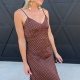 Satin Cami Polka Dot Maxi Dress with Lace Contrast in Brown
